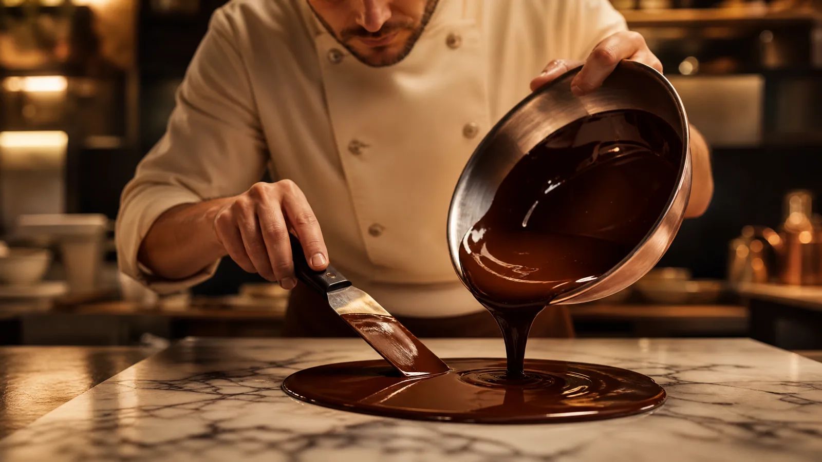 大师在大理石台上调温巧克力的公开课封面